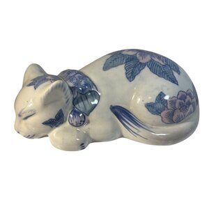 Chinoiserie Blue White and Pink Ceramic Cat Mid 20th Century 8” x 3”